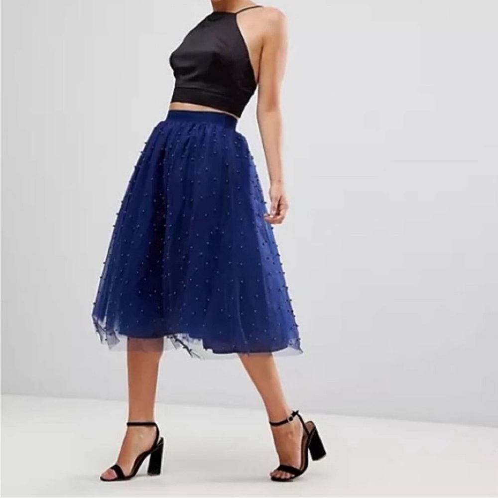 New Little Mistress MIDI Skirt Petite Blue Allover Pearl Embellished Full Size 0